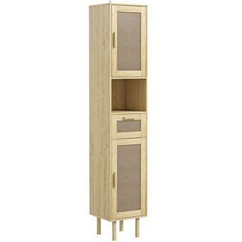 HOMCOM Tall Bathroom Storage Cabinet with Rattan Doors