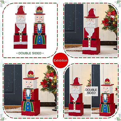 Glitzhome 25" H Christmas Wooden Santa & Nutcracker Reversible Boxed Porch Decor