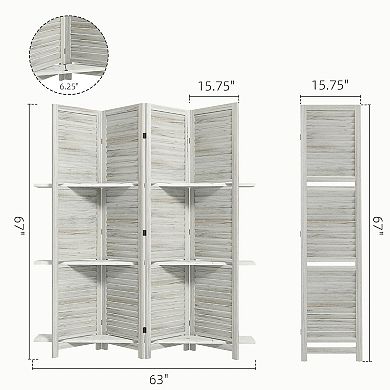 HOMCOM 4 Panel Privacy Screen, Room Divider with 3 Shelves Distressed