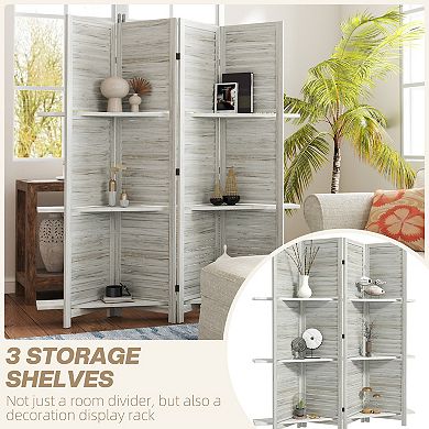 HOMCOM 4 Panel Privacy Screen, Room Divider with 3 Shelves Distressed