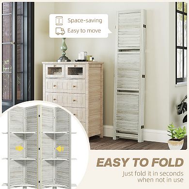 HOMCOM 4 Panel Privacy Screen, Room Divider with 3 Shelves Distressed