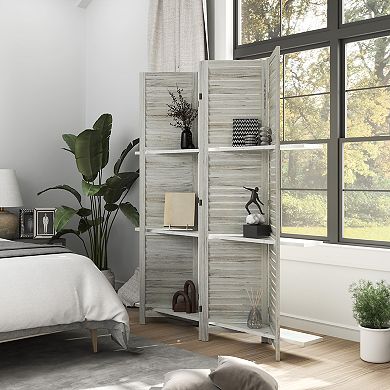 HOMCOM 4 Panel Privacy Screen, Room Divider with 3 Shelves Distressed
