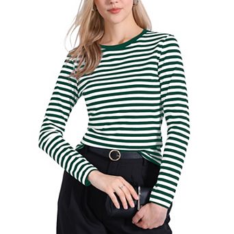 Striped T Shirts for Women Long Sleeve Tops Crew Neck Fitted Tees Casual Trendy Outfits