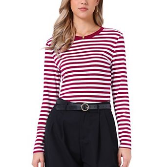 Striped T Shirts for Women Long Sleeve Tops Crew Neck Fitted Tees Casual Trendy Outfits