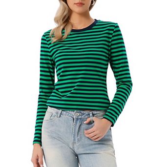 Striped T Shirts for Women Long Sleeve Tops Crew Neck Fitted Tees Casual Trendy Outfits