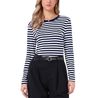 Striped T Shirts for Women Long Sleeve Tops Crew Neck Fitted Tees Casual Trendy Outfits