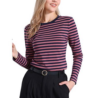 Striped T Shirts for Women Long Sleeve Tops Crew Neck Fitted Tees Casual Trendy Outfits