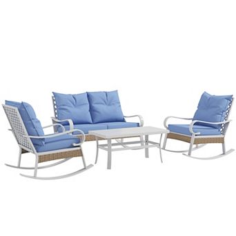 Outsunny 4 pc Patio Furniture Set With Loveseat Sofa, Rocking Chairs