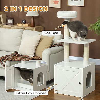PawHut Cat Tree with Litter Box Enclosure, 2-in-1 Cat Tower for Indoor Cats