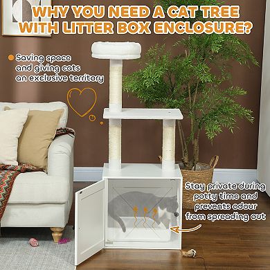 PawHut Cat Tree with Litter Box Enclosure, 2-in-1 Cat Tower for Indoor Cats