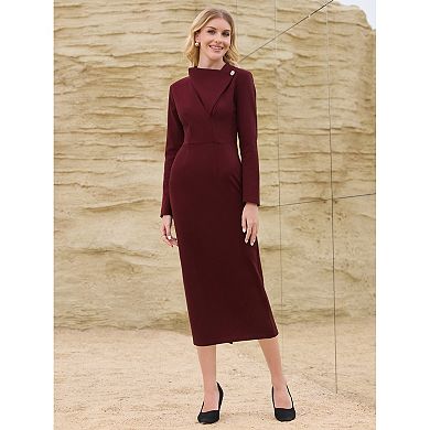Women's Elegant Pencil Dress Lapel V Neck Long Sleeve
