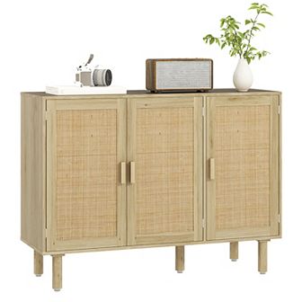 HOMCOM Bohemian Sideboard with 3 Rattan Doors and Shelves