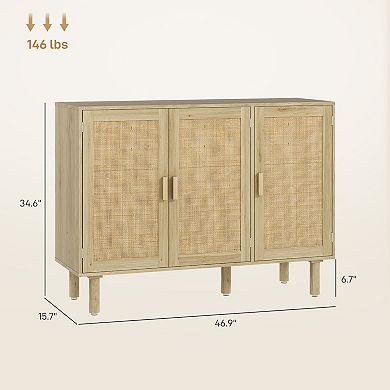 HOMCOM Bohemian Sideboard with 3 Rattan Doors and Shelves