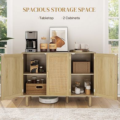 HOMCOM Bohemian Sideboard with 3 Rattan Doors and Shelves