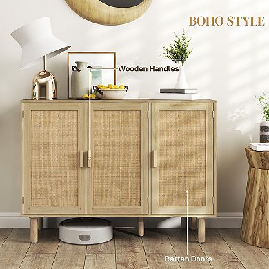 HOMCOM Bohemian Sideboard with 3 Rattan Doors and Shelves