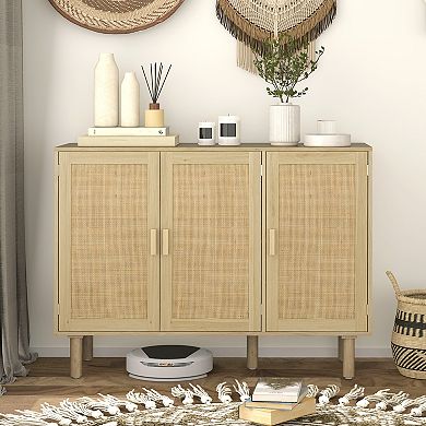 HOMCOM Bohemian Sideboard with 3 Rattan Doors and Shelves