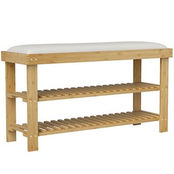 HOMCOM Bamboo Shoe Bench, Entryway Bench with Storage and Cushion