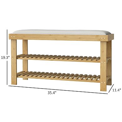 HOMCOM Bamboo Shoe Bench, Entryway Bench with Storage and Cushion