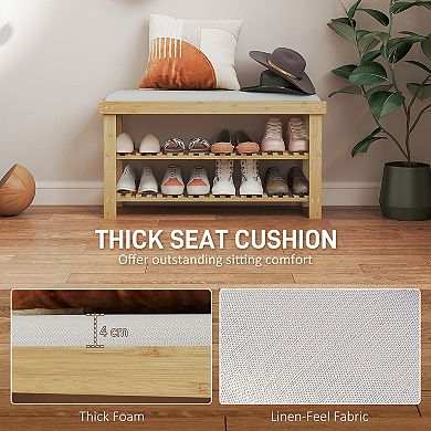 HOMCOM Bamboo Shoe Bench, Entryway Bench with Storage and Cushion