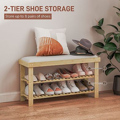 HOMCOM Bamboo Shoe Bench, Entryway Bench with Storage and Cushion