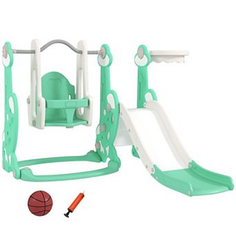 Qaba 4 in 1 Toddler Slide and Swing Set w/ Climber, Basketball Hoop