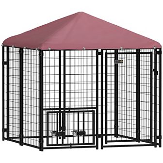 PawHut Dog Kennel with Rotating & Adjustable Bowls, 4.6ft x 4.6' x 5'