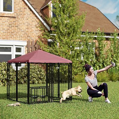 PawHut Dog Kennel with Rotating & Adjustable Bowls, 4.6ft x 4.6' x 5'