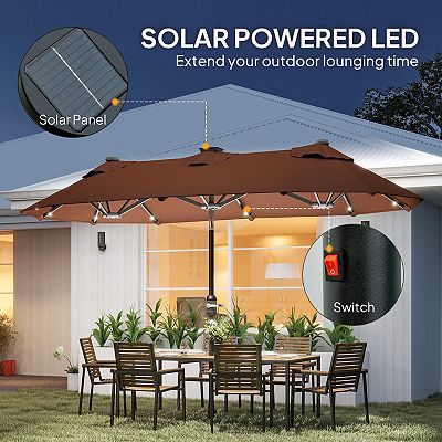 cheap patio umbrellas with base Alpha Joy 15 ft Extra Large Outdoor Patio Double-Sided Umbrella with Solar LED Lights and Sturdy Base, Smoky Gray