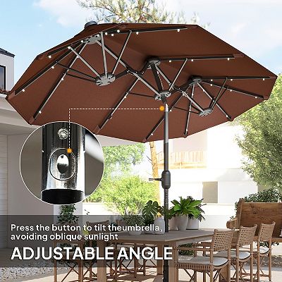 double vented patio umbrella solar lights Outsunny Double-sided Outdoor Patio Umbrella with Solar Lights and Base Dining Table Umbrella Push Button Tilt Coffee one_size