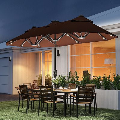 double patio umbrella tilt Outsunny Double-sided Outdoor Patio Umbrella with Solar Lights and Base Dining Table Umbrella Push Button Tilt Coffee one_size