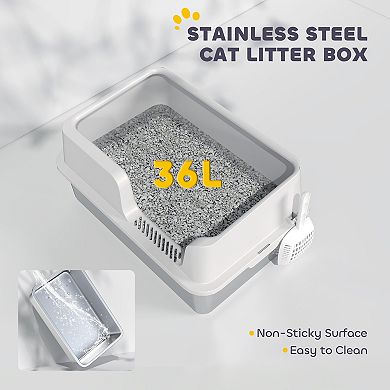 PawHut Stainless Steel Litter Box, Enclosed Cat Litter Box