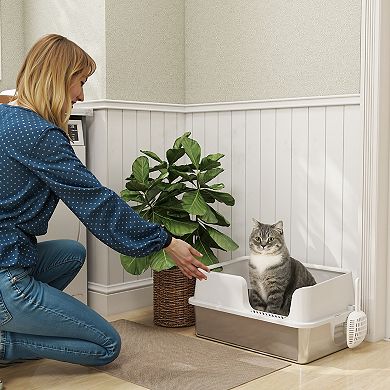 PawHut Stainless Steel Litter Box, Enclosed Cat Litter Box