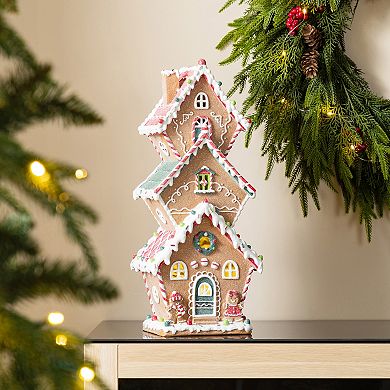 Glitzhome 18.5"H Gingerbread House Table Decor, Lighted Resin Christmas Tabletop Decoration