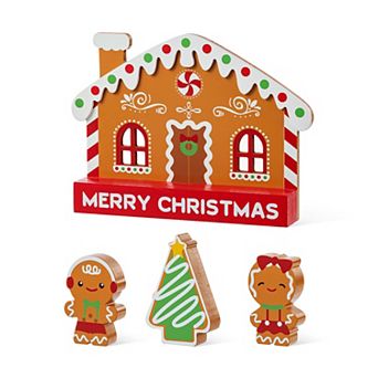 Glitzhome Set of 4 Wooden Christmas Table Decor, Gingerbread House Table Centerpiece