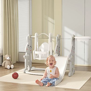 Qaba 4 in 1 Toddler Slide and Swing Set w/ Climber, Basketball Hoop