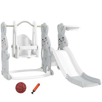 Qaba 4 in 1 Toddler Slide and Swing Set w/ Climber, Basketball Hoop