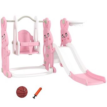 Qaba 4 in 1 Toddler Slide and Swing Set w/ Climber, Basketball Hoop