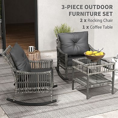 Outsunny 3 Pieces Rattan Rocking Chair Set, Outdoor Rocker Chair