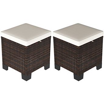 Outsunny Wicker Outdoor Ottoman Footstool Set of 2 with Cushions