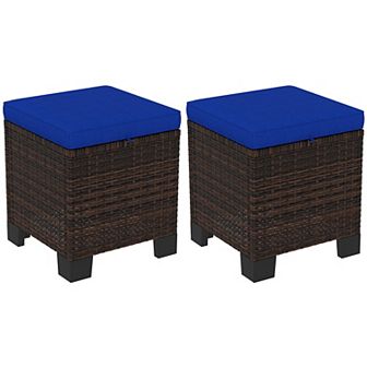 Outsunny Wicker Outdoor Ottoman Footstool Set of 2 with Cushions