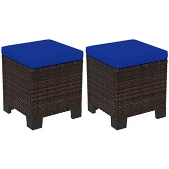 Outsunny Wicker Outdoor Ottoman Footstool Set of 2 with Cushions