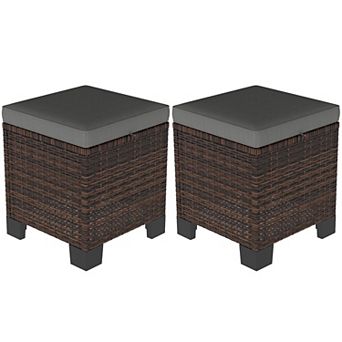 Outsunny Wicker Outdoor Ottoman Footstool Set of 2 with Cushions
