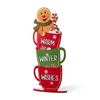 Glitzhome 35"H Solid Wood Christmas Gingerbread Man on Coffee Cup Porch Decor