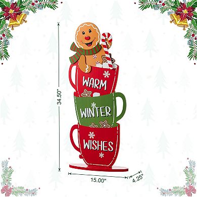 Glitzhome 35"H Solid Wood Christmas Gingerbread Man on Coffee Cup Porch Decor