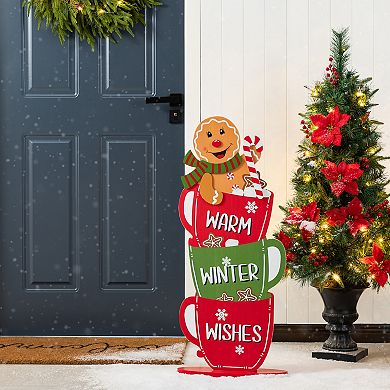 Glitzhome 35"H Solid Wood Christmas Gingerbread Man on Coffee Cup Porch Decor