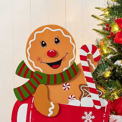 Glitzhome 35"H Solid Wood Christmas Gingerbread Man on Coffee Cup Porch Decor