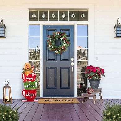 Glitzhome 35"H Solid Wood Christmas Gingerbread Man on Coffee Cup Porch Decor