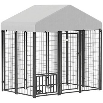 PawHut 5.9ft x 5.9' x 6' Outdoor Dog Kennel with Rotating & Adjustable Bowls