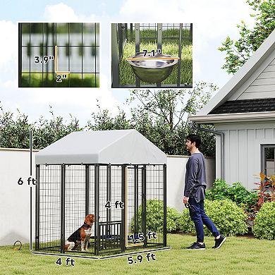 PawHut 5.9ft x 5.9ft x 6ft Outdoor Dog Kennel with Rotating & Adjustable Bowls
