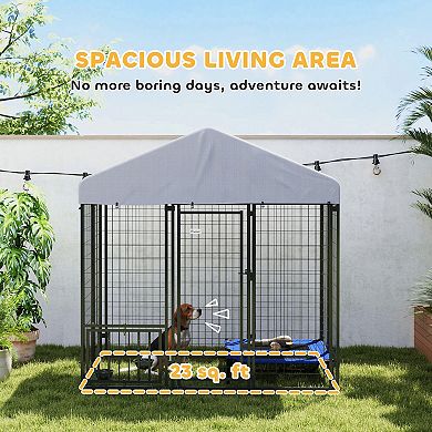 PawHut 5.9ft x 5.9ft x 6ft Outdoor Dog Kennel with Rotating & Adjustable Bowls